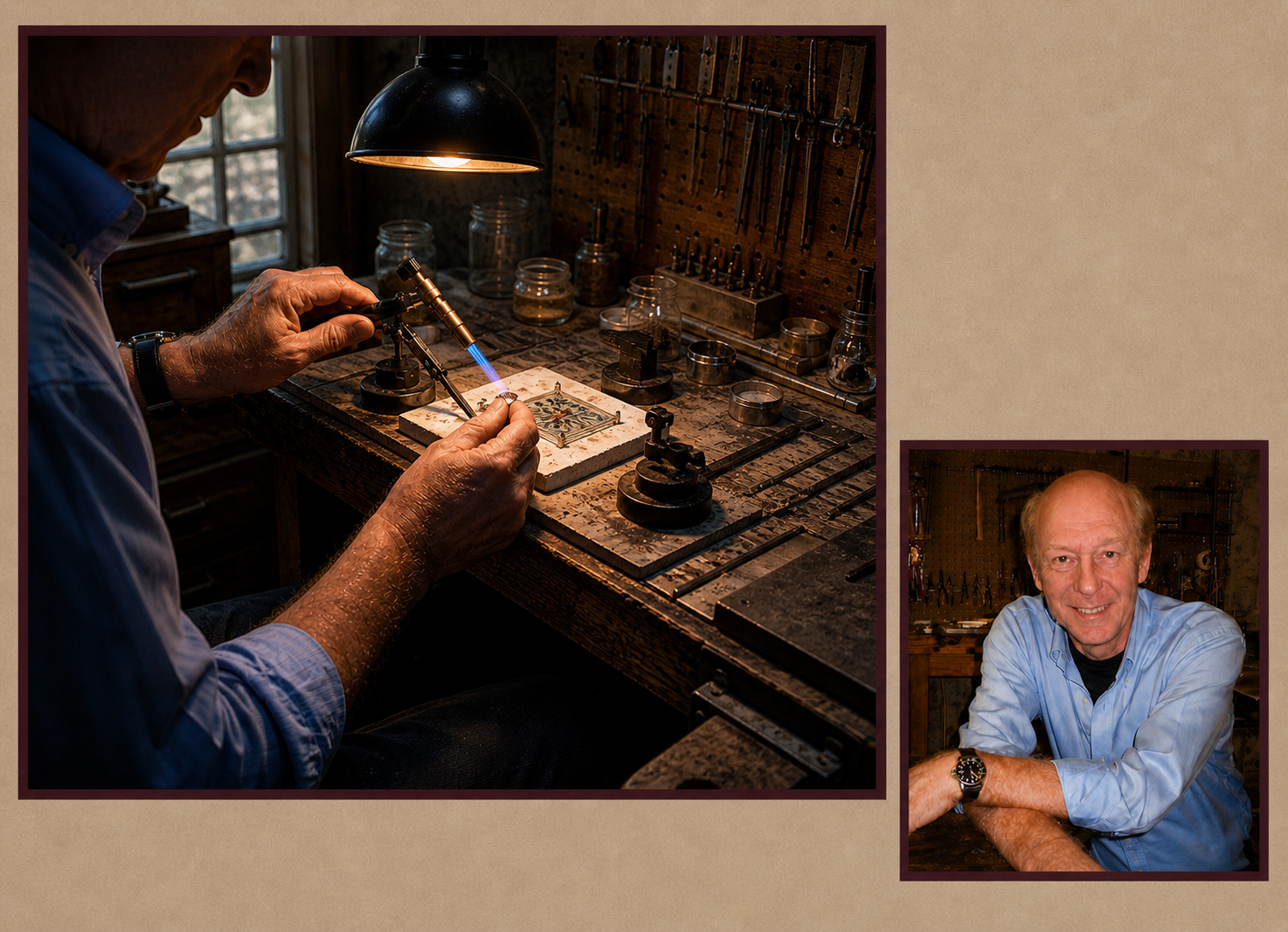 Scott Cusson at the bench, torch-firing a medallion