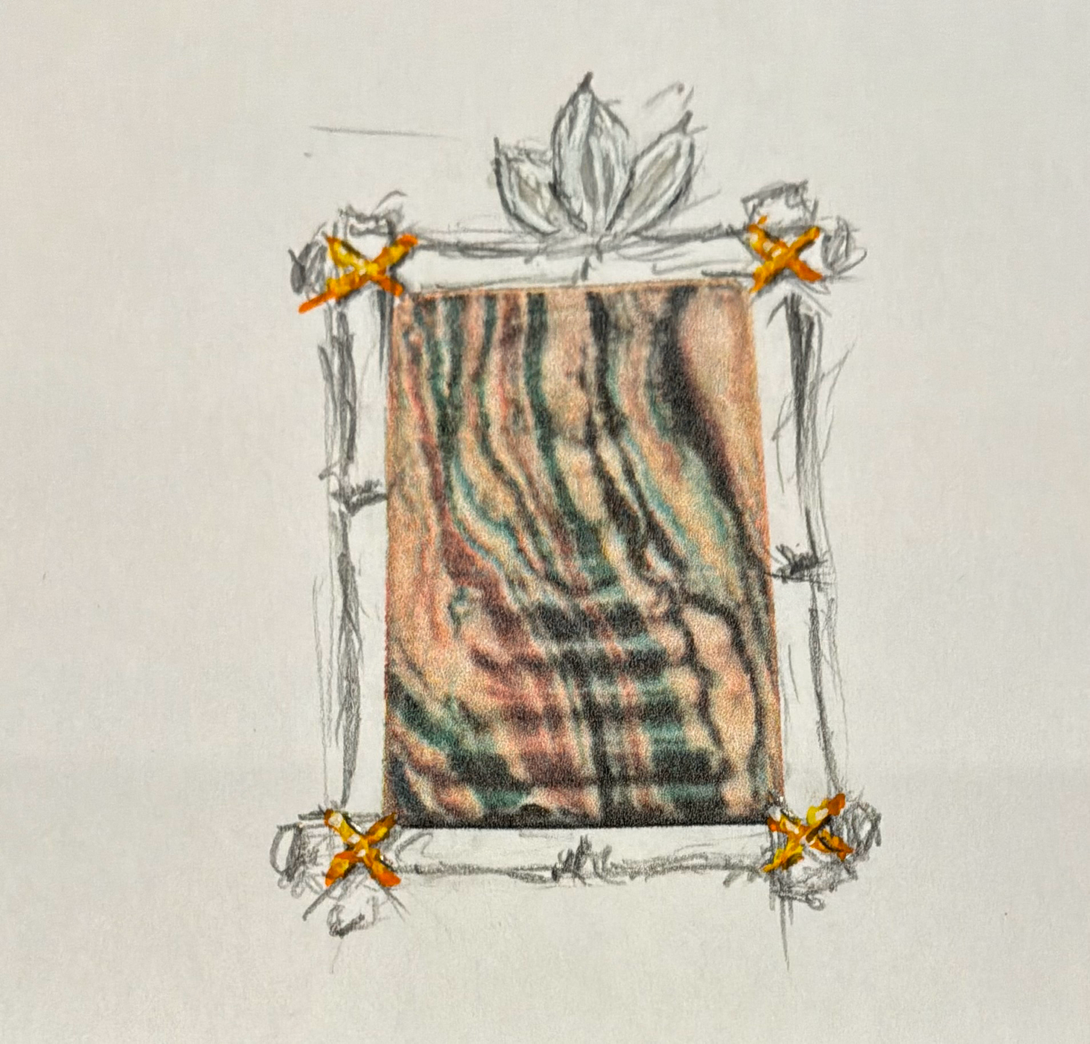 Scott's hand-rendered sketch of a medallion framed by marigolds